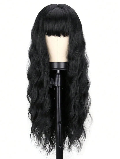 YEESHEDO Long Black Wigs for Women Natural Curly Wavy Synthetic Hair Wig with Fringe for Girls Cosplay Party or Everyday Wear