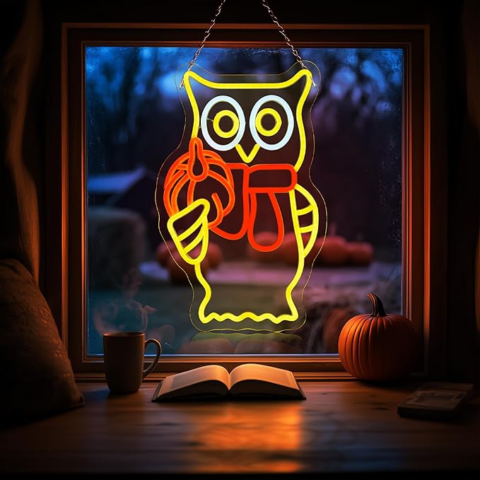 Hanna Roberts Owl Pumpkin Halloween Neon Sign for Window decor and Wall Decor, Brightness adjustable Pumpkin Led Light Up Signs for Children's Room, Bedroom, Bar,15"x8.66"