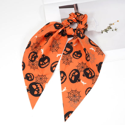 Halloween Hair Ties for Women Girls Spooky Spider Web Skeleton Bat Pumpkin Hair Scrunchies Black Orange Hair Tie Ribbon Hair Bows Hair Accessories