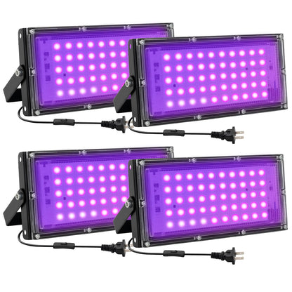 Waygor 50W LED Black Lights for Glow Party, IP65 Waterproof UV Blacklight Floodlight 395nm Black Light Spotlight Purple Black Light Flood Light Fluorescent UV Light Lamp for Halloween Decor (4 Pack)