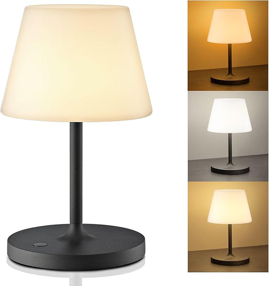 Outdoor Battery Operated Table Lamp & Power Bank - 5000mAh Rechargeable Battery Powered, Touch Dimmable, 3 Color Temperatures, IP44 Waterproof Lamp Light for Home, Patio Use - 9.6 In Modern Black
