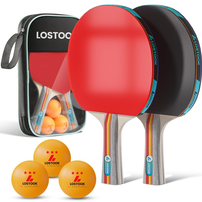 Lostook Ping Pong Paddles Set of 2, Professional Grey Table Tennis Rackets with Portable Oxford Cloth Case & Three Star Ping Pong Balls for Adults and Family Indoor Outdoor Games