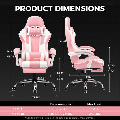 GTPLAYER Gaming Chair, Computer Chair with Footrest and Lumbar Support, Height Adjustable Game Chair with 360°-Swivel Seat and Headrest and for Office or Gaming (Faux Leather, Pink)