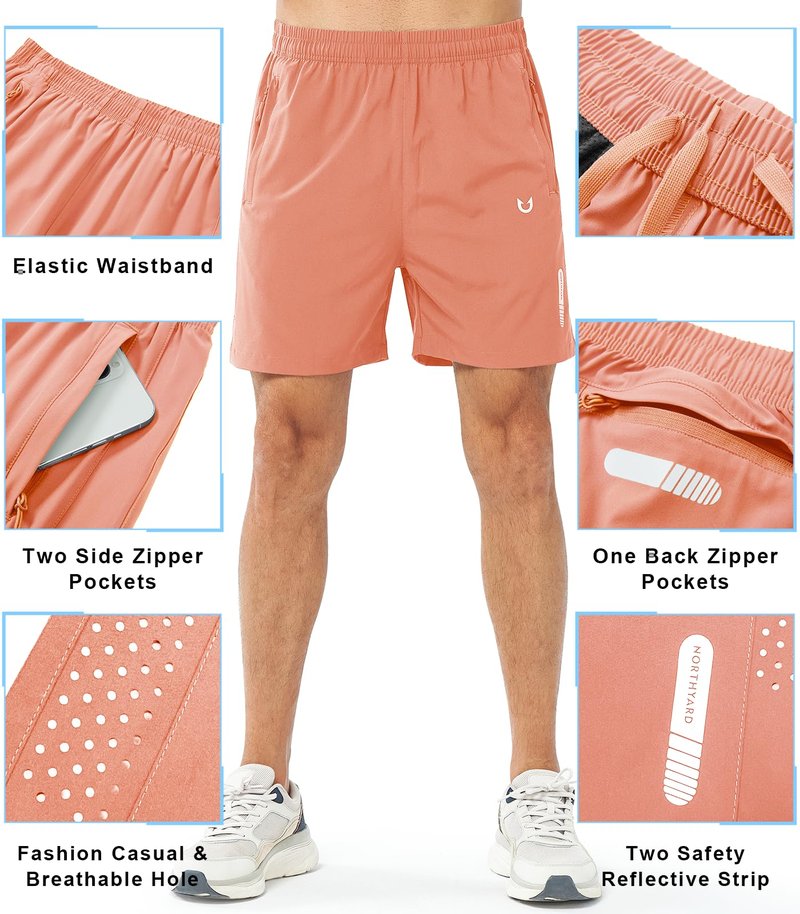 NORTHYARD Men's Athletic Running Shorts Gym Workout 7"/9"/5" Quick Dry Lightweight Sports Basketball Tennis 3 Zipper Pockets PINKORANGE-5inch 2XL
