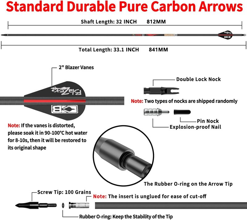 100% Pure Carbon Hunting Arrows - Olympic-Grade 10 Spine Deflection | 0.001"/0.003"/0.006" Straightness, Ideal for Compound & Recurve Bows (12/24PCS)