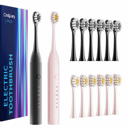 2 Pack Electric Toothbrush for Adults and Kids - Rechargeable Kids Ages 12+ and Adults with 12 Brush Heads & 2 Electric Toothbrush, 90 Days Battery Life - Black and White