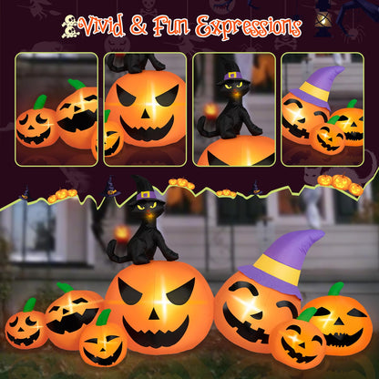 BRDJade 8FT Long Halloween Inflatables Pumpkin Outdoor Decorations, 7 Blow Up Pumpkins Inflatables with Witch Hat & Black Cat Built-in LED Lights for Halloween Party Yard Garden Lawn Decorations