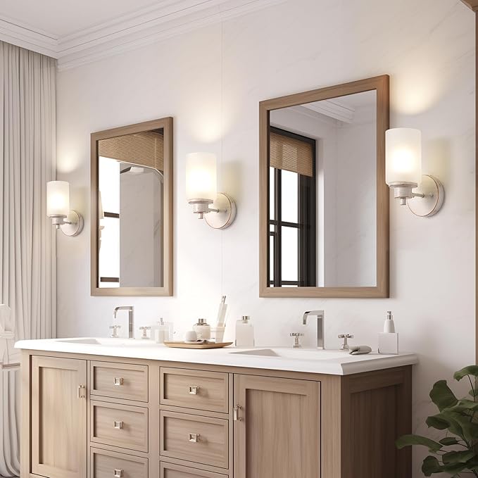 3 Pack Indoor Wall Sconces Lighting, Wall Mounted Bath Vanity Light Fixtures with White Frosted Glass Shade, White and Gold Color Bathroom Wall Lights for Bedroom Entryway