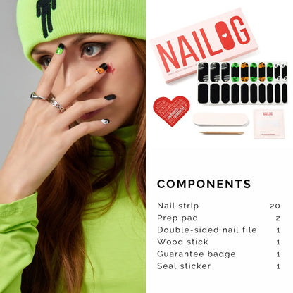 NAILOG Semi Cured Gel Nail Strips (20 Extra Long Polish Stickers/Wraps) | Glossy & Long Lasting Soft Gel Finishing (Little Monsters)
