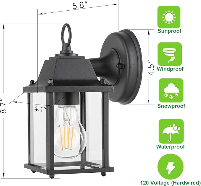 LIT-PaTH Outdoor Wall Lantern, Wall Sconce as Porch Lighting Fixture, E26 Base, Aluminum Housing Plus Glass, Water-Proof and Outdoor Rated, ETL Qualified, 1-Pack, Black