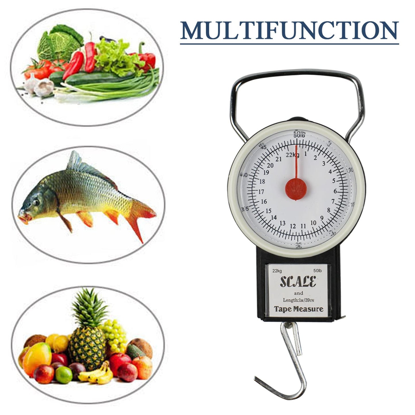 JSHANMEI Digital Hanging Scale Mechanical Kitchen and Fishing Scale Multi-Purpose Portable Hand Held Dial Weight Scale with Tape Measure (50 Lbs / 22Kg)