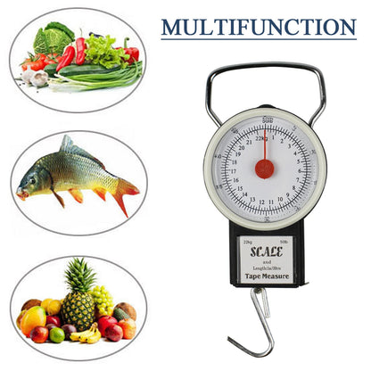 JSHANMEI Digital Hanging Scale Mechanical Kitchen and Fishing Scale Multi-Purpose Portable Hand Held Dial Weight Scale with Tape Measure (50 Lbs / 22Kg)