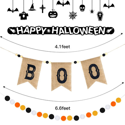 2 Pcs Pre Strung Happy Halloween Banners Rustic Burlap Boo Banners with Felt Ball Pom Pom Garland for Halloween Decorations Indoor Fireplace Mantle Walls Decor