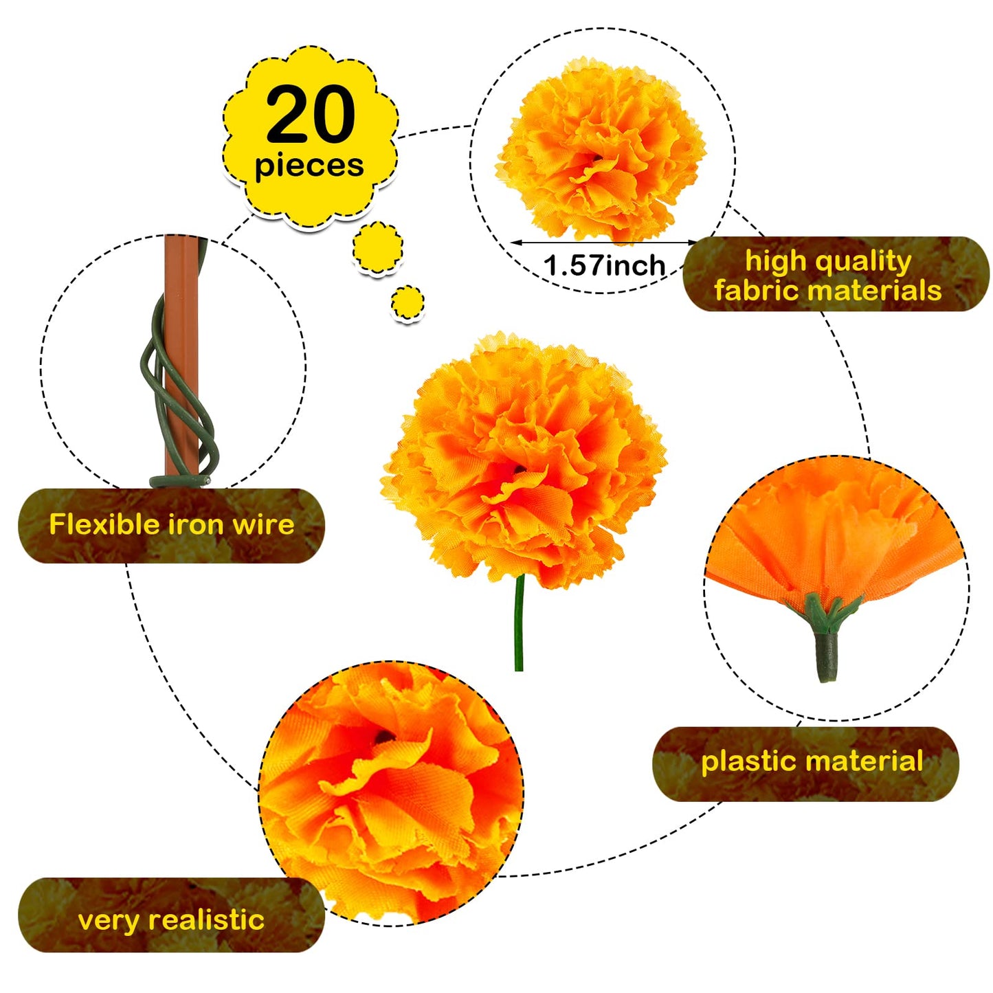 Waydress 20 Pieces Artificial Marigold Bunch Fake Bunch Halloween Artificial Marigold Flowers with Stem for Birthday Party Diwali Halloween Party Decoration(Black, Orange)