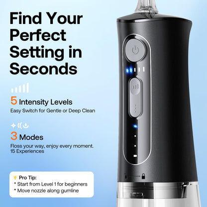 Bitvae Water Dental Flosser for Teeth, Cordless Water Teeth Cleaner Picks, 3 Modes 5 Intensities, IPX7 Waterproof, Rechargeable Water Dental Picks for Cleaning - Black