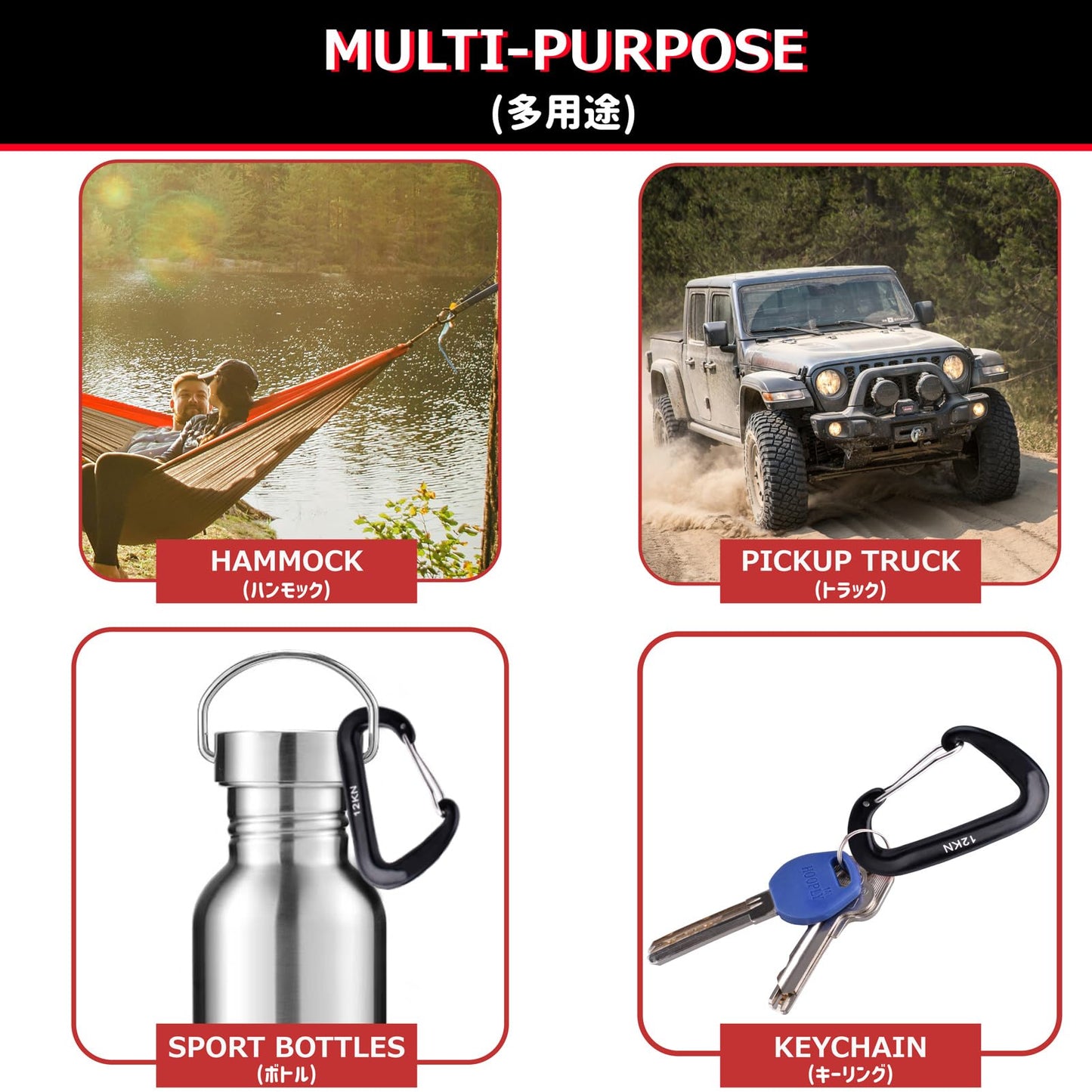 Azarxis Carabiner Clips, 12 kN Aluminium D Ring Heavy Duty Lightweight Caribeaners Key Chains for Hammock, Camping, Hiking, Outdoor, Gym, Dog Leash, Backpack, Harness (12kN - Wiregate - Black - 4 PCS)