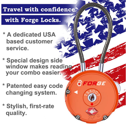 Forge Quality TSA Approved Luggage Locks for Travel Accessories, Suitcase, Pelican case, Set Your own Combination, Zinc Alloy Body-Cable Locks Orange 2 Locks