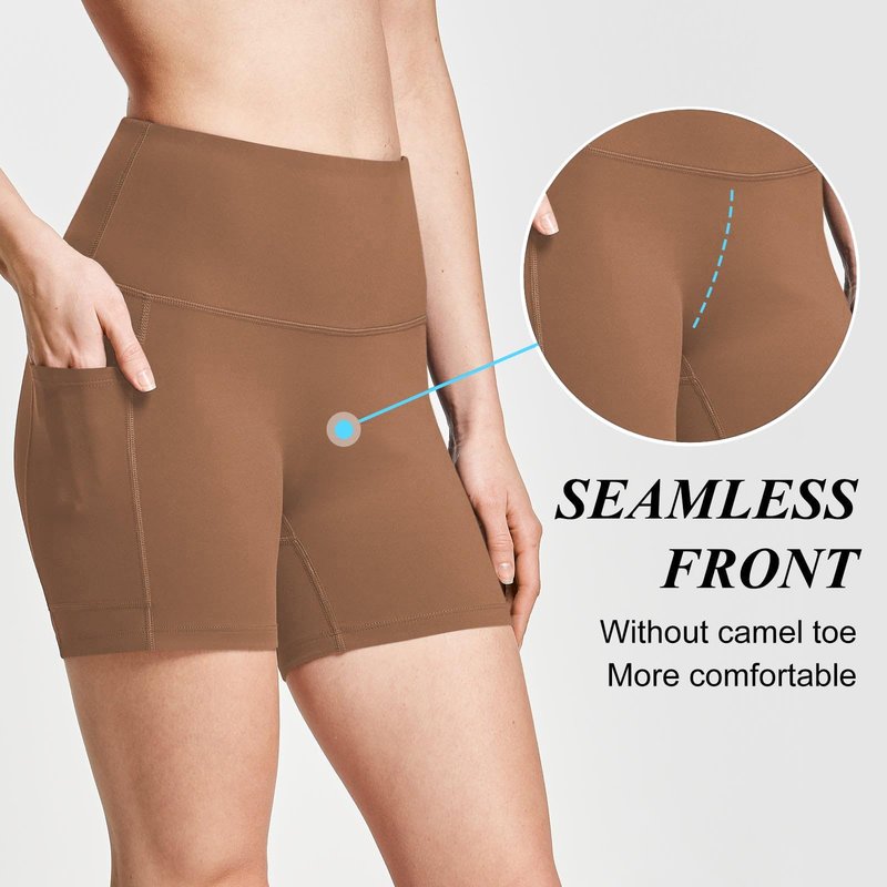 baleaf Biker Shorts Women Yoga Gym Workout Spandex Running Volleyball Tummy Control Compression with Pockets Soft 5" Brown S