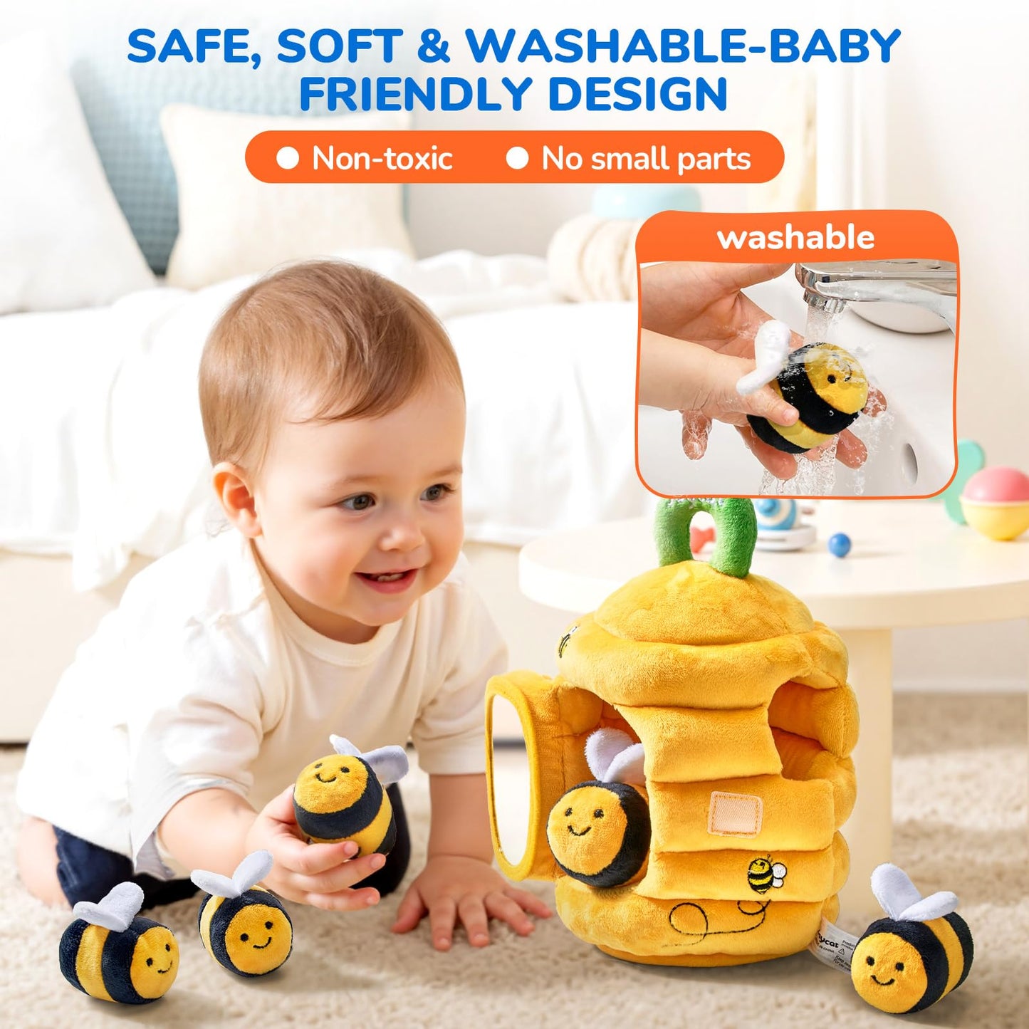 JoyCat Baby Toys 6-12 Months - Soft Baby Beehive with 5 Sensory Bees - Rattle, Crinkle Paper, Squeaker, Mirror, Busy Montessori Soft Toys for Toddlers 0-3 Years Old - Baby Christmas Birthday Gift