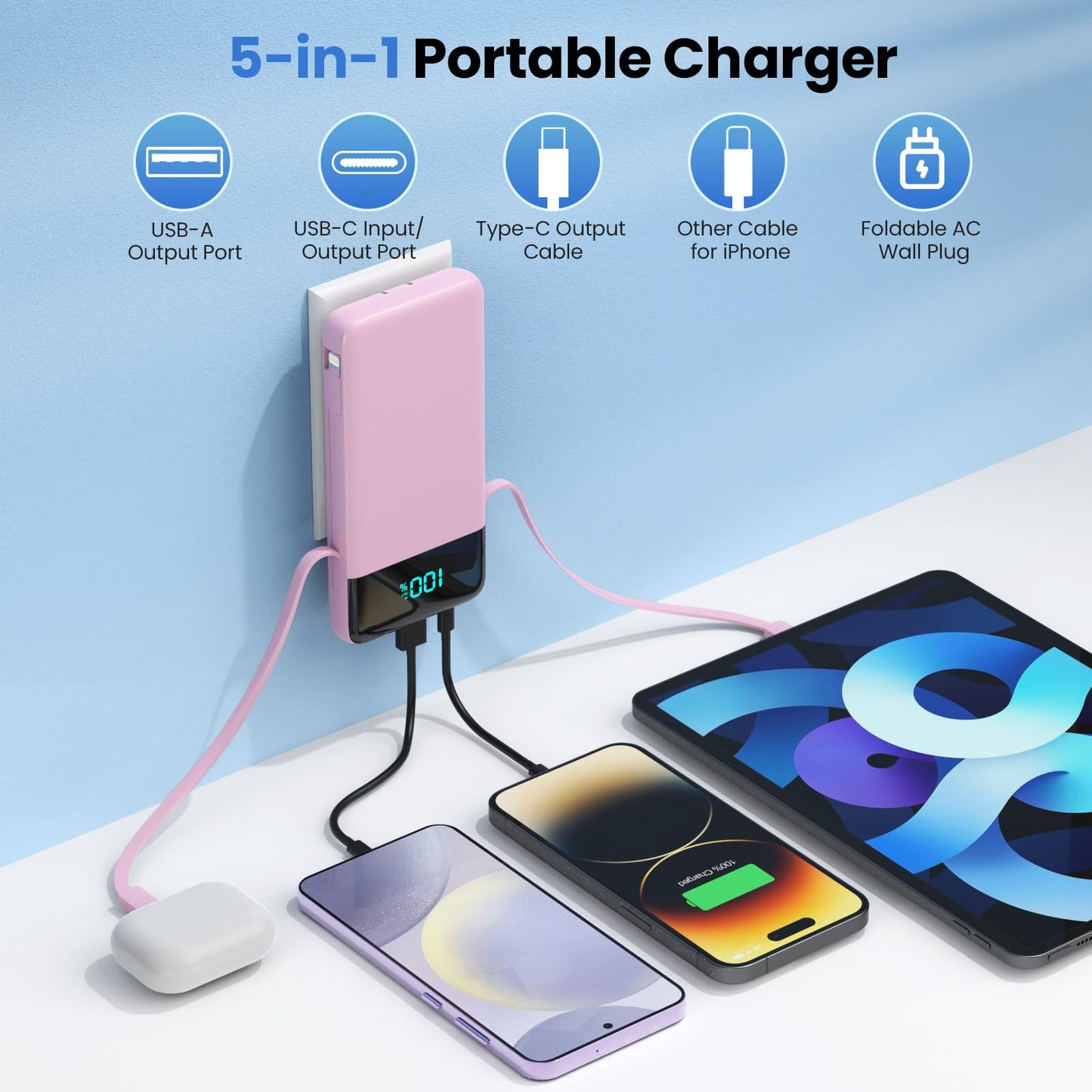 Portable Charger for iPhone with Built in Cables and Wall Plug,Upgraded 13800mAh Fast Charging USB C Power Bank,4 Outputs Travel Essential Battery Pack Compatible with iPhone 15/14/13,Samsung-Purple