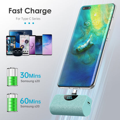 Mini Portable Charger USB-C Power Bank 5200mAh,Ultra Compact LCD Display Battery Pack Backup Charger Compatible with iPhone 17/17 Air/17 Pro/17 Pro Max/16/16 Plus/16 Pro Max/15 Series,Samsung-Green