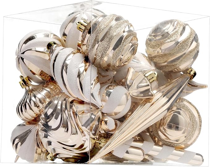 Christmas Ball Ornaments Set Shatterproof Christmas Tree Ornaments 24 PCS Painted Shaped Styles Xmas Tree for Holiday Decor,Champagne