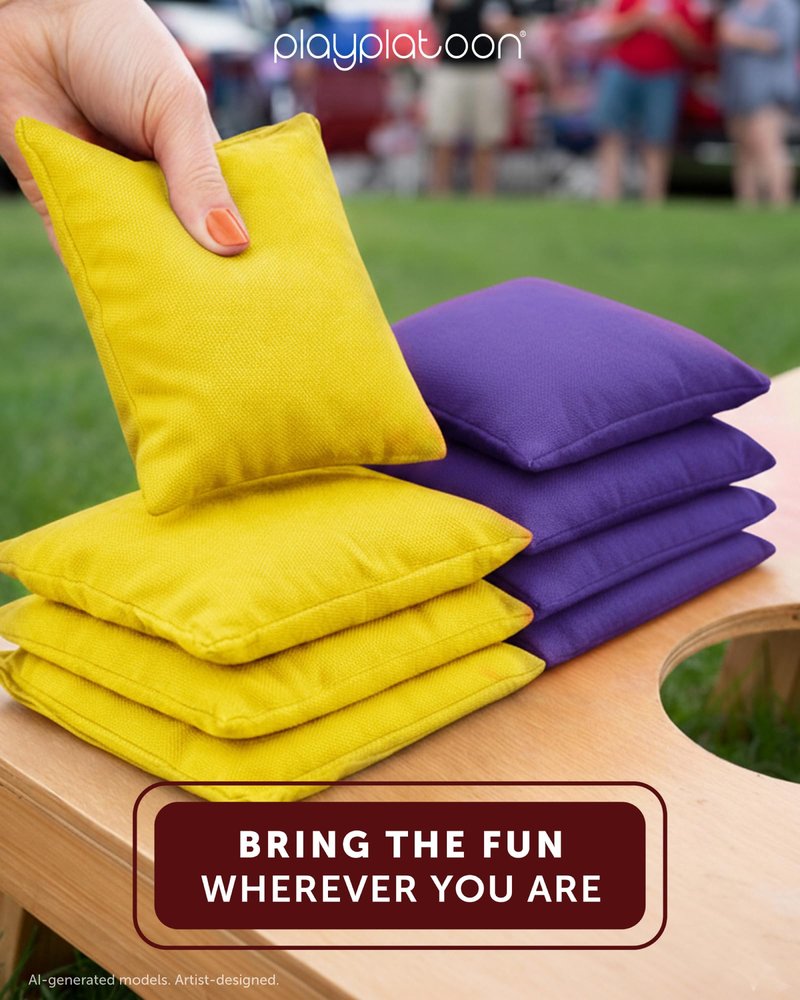 Play Platoon Weather Resistant Cornhole Bags - Set of 8 Regulation Size - Purple &Yellow - Durable Duck Cloth for Tossing Game, Includes Tote Bag