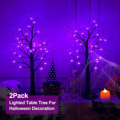 2 Pack 24 Inch Purple Lighted Halloween Birches Tree Decor with Timer Total 48 LED Battery Operated Tabletop Artificial Black Spooky Tree Halloween Decorations for Indoor Home Holiday Party