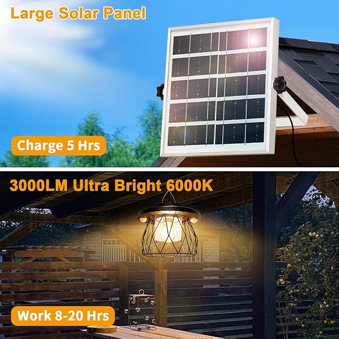 Solar Shed Light Outdoor Work Day/Night, Gazebo Lights Solar Hanging Lights for Porch Barn Chicken Coop Indoor with Remote, Double Motion Sensor, 16.5ft Cord, Dimmable Warm/Cool White