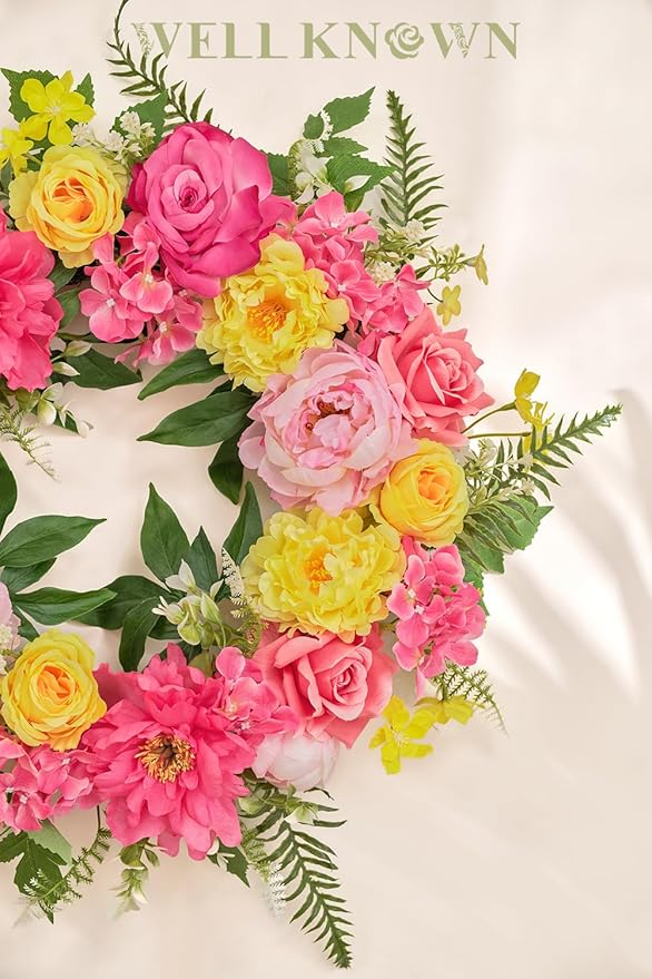Wreaths for Front Door, WELL KNOWN Spring Summer Seasonal Hot Pink & Yellow Flowers Wreath for Front Door, Artificial Silk Peony Flower Wreath for Wall Hanging, Home Office Wedding Party Decor