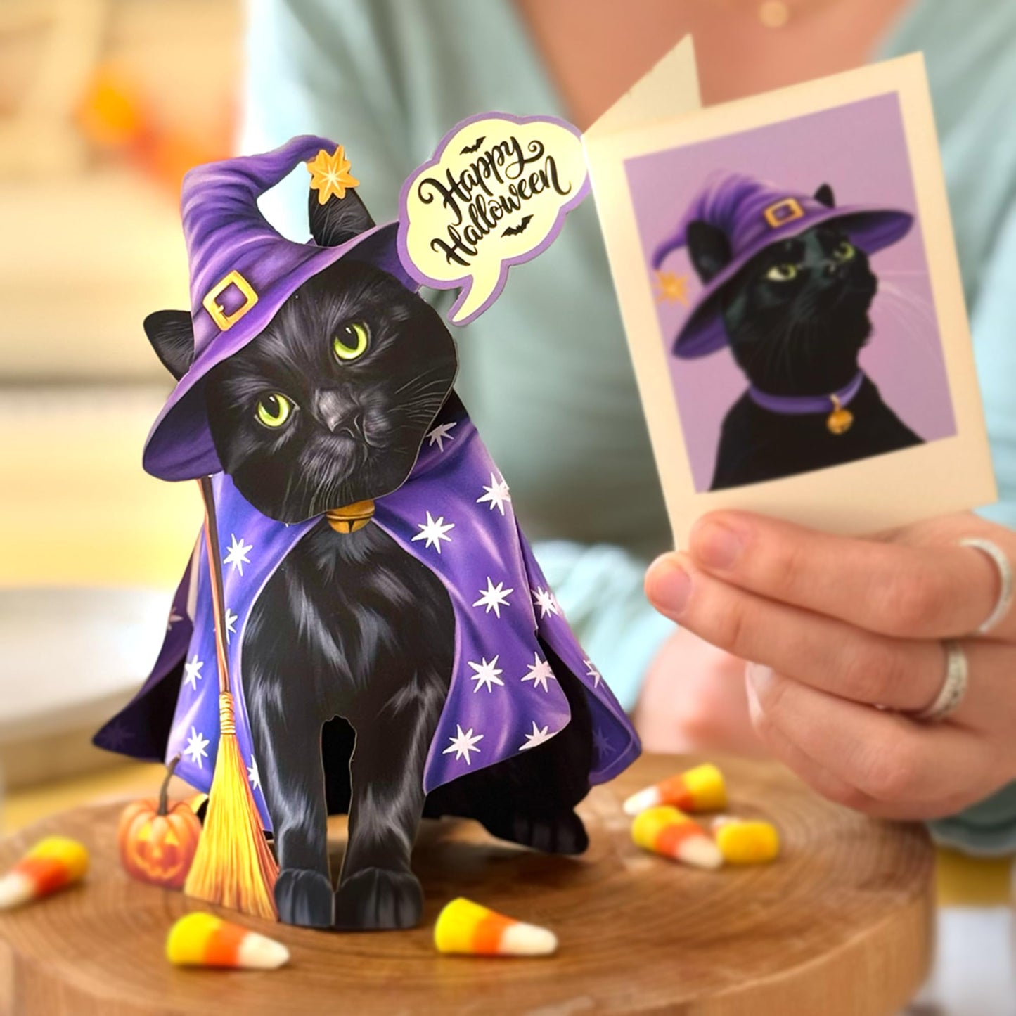 Freshcut Paper Pop Up Cards, Mini Halloween Cat, 6 Inch Mini Sized 3D Cat Gifts, Popup Greeting Card, Halloween Cards, October Card, Blank Notecard & Envelope