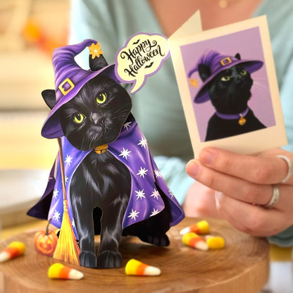 Freshcut Paper Pop Up Cards, Mini Halloween Cat, 6 Inch Mini Sized 3D Cat Gifts, Popup Greeting Card, Halloween Cards, October Card, Blank Notecard & Envelope