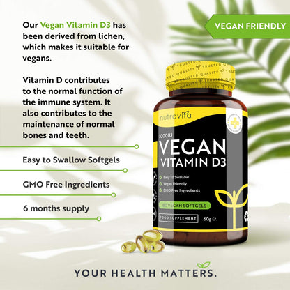 Vegan Vitamin D 1000iu (25ug) - Plant-Based Vitamin D3 Softgel Capsules Derived from Lichen - Maintenance of Healthy Immune System, Muscles, Bones & Teeth - 180 Softgels - Made in The UK by Nutravita