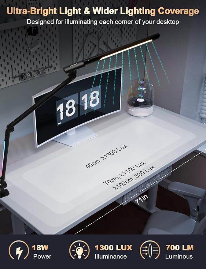 LED Desk Lamp with Clamp, 18W Dual Light Architect Desk Light, Adjustable Swing Arm RGB Light Sensor Switch, Eye-Caring 4 Modes Stepless Dimming Table Lamp for Home Office Reading Study Gaming