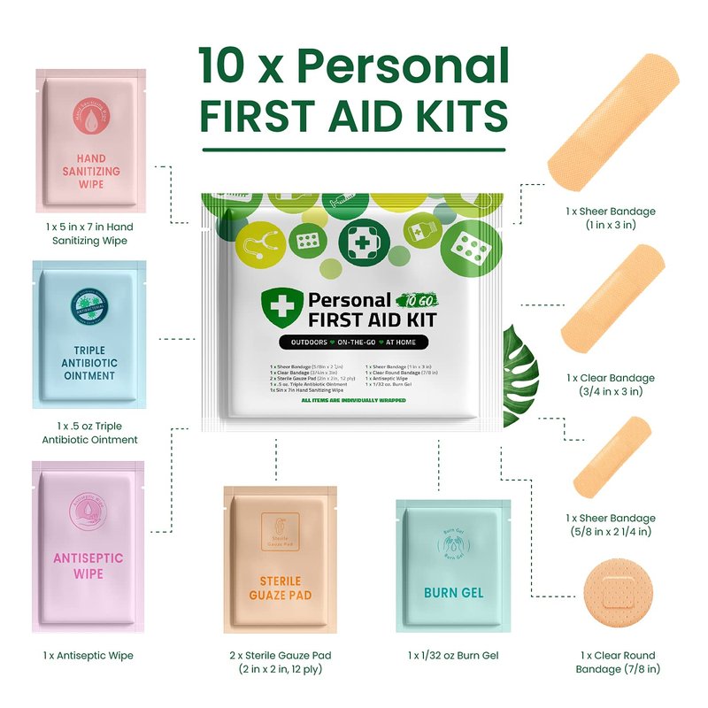 Portable Travel Size First Aid Kit - 10 Pack | Perfect for Home, Office, Car, School, Business, Travel, Hiking, Hunting, and Outdoors | Individually Wrapped First Aid Products (Green)