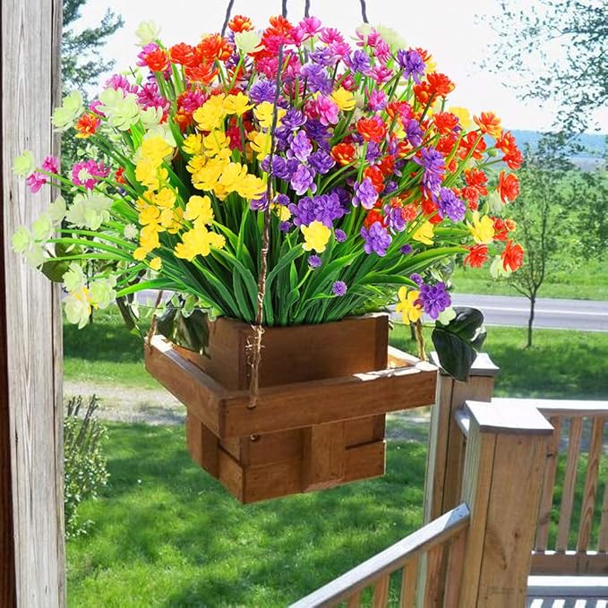 10 Bundles Artificial Flowers, Outdoor Gypsophila Baby's Breath Fake Flowers, UV Resistant Faux Greenery Shrubs Hanging Plants for Home Wedding Garden Porch Window Decoration (Long Leaves)