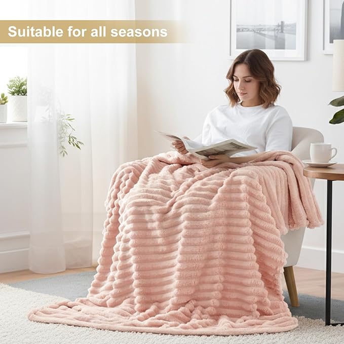 decorUhome Soft Fleece Pink Twin Blanket for Bed, Cozy Fluffy Plush Flannel Striped Throws for Couch Sofa, Lightweight Decorative Ribbed Fuzzy Blanket for Woman, 60x80 Inches