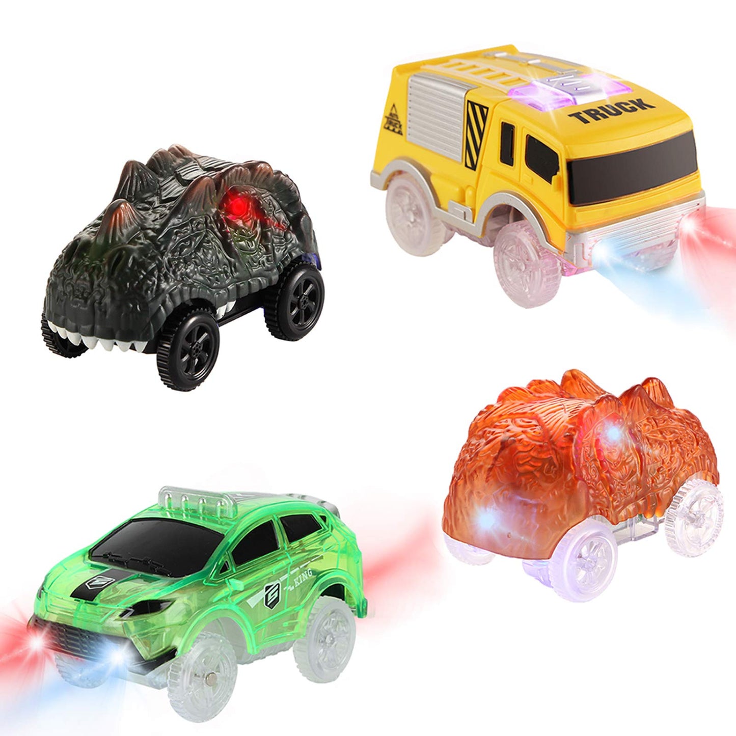 Replacement Cars for Magic Glow in the Dark Tracks - Racing Car Accessories with Flashing LED Lights, Compatible with Most Tracks for Kids Boys and Girls (4 Pack)