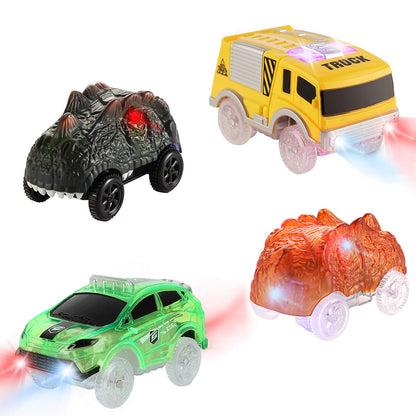 Replacement Cars for Magic Glow in the Dark Tracks - Racing Car Accessories with Flashing LED Lights, Compatible with Most Tracks for Kids Boys and Girls (4 Pack)
