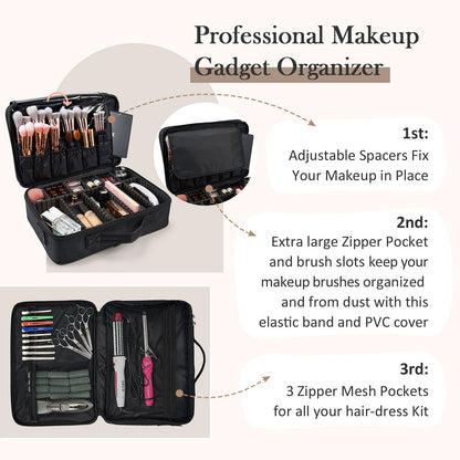 Makeup Bag Extra Large Travel Makeup Bag with Compartment Cosmetic Bags Makeup Organiser Bag Vanity Case Makeup case and Shoulder Strap, Black
