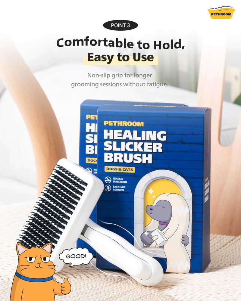 PETHROOM Self-Cleaning Slicker Brush for Dogs & Cats – Gentle Grooming & Deshedding Tool, Removes Mats & Tangles, Skin-Friendly Coated Tips, One-Touch Hair Removal Button