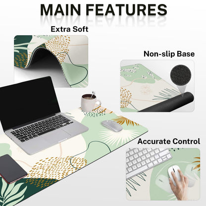 Britimes Keyboard Mouse Pad Set 4in1 Large Mousepad+Keyboard Wrist Rest+Mouse Wrist Rest+Coaster Set with Ergonomic Design for Home Office Computer 35.4x15.7Inches (Green Boho Leaves)