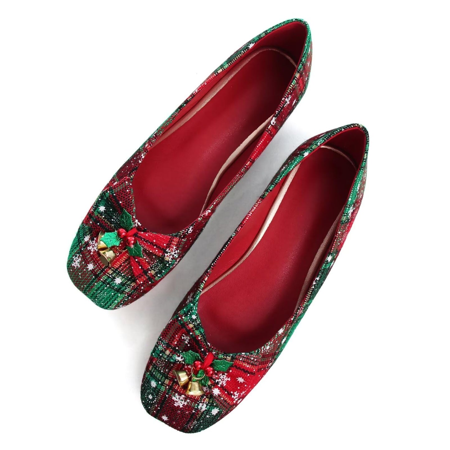 WENJIAZHIZHI Womens Ballet Flats Comfortable Square Toe Slip Ons Casual Bell Loafers Walking Flats Dress Shoes for Christmas Red 39(8)