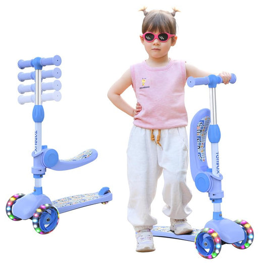 TONBUX Kids Scooter with Seat, 3 Wheels Scooter with PU Luminous Wheels, Non-Slip Handle and Wide Deck, Sensitive Brakes, 4-Level Adjustable Height, Scooters for Kids 2–8 Years Blue