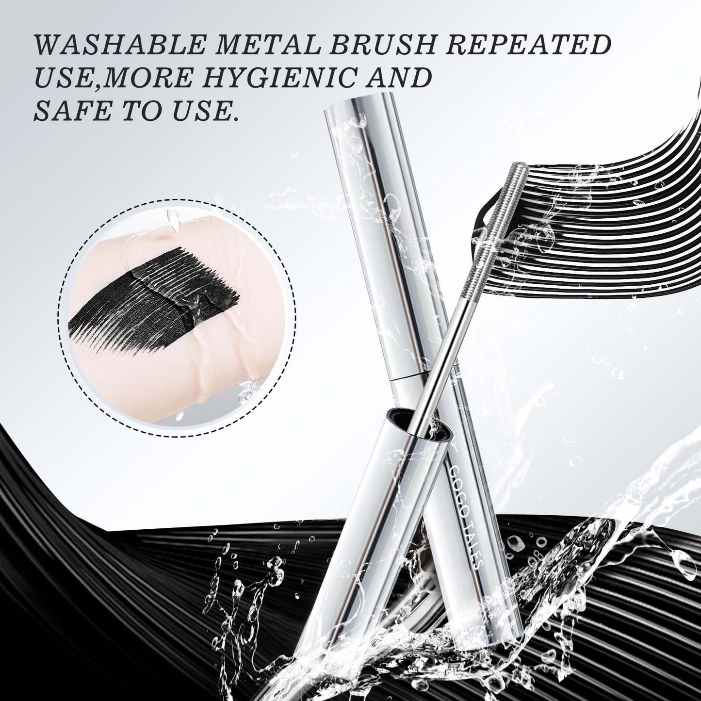 Black Washable Metal Mascara Wand, Waterproof Iron Wand Mascara Tubing, Natural Length Slim Volume Buildable Formula, Separated Lashes, Long Lasting Smudge-Proof No Flaking Tint