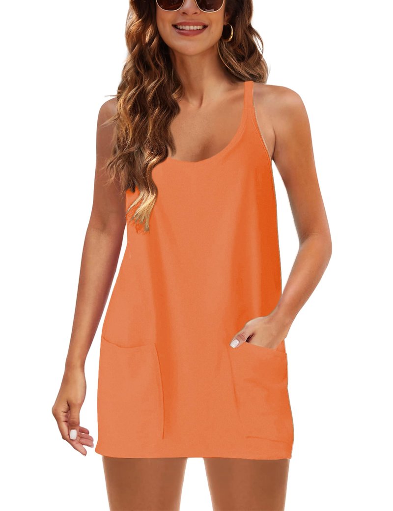 Lentta Womens Athletic Sleeveless Mini Dress with Built-in Shorts V Neck Spaghetti Strap Sundress(Orange-S)