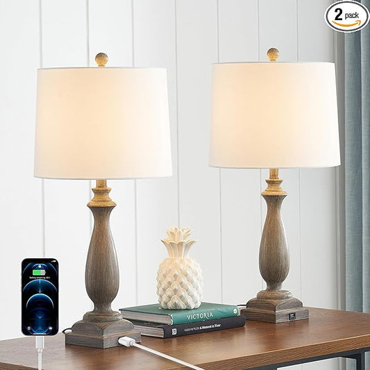 26'' Traditional Table Lamps Set of 2 with USB Charging Port, 3-Way Dimmable Rustic Farmhouse Resin Bedside Lamps for Bedroom, Vintage Nightstand Desk Lamp for Living Room &White Linen Shade