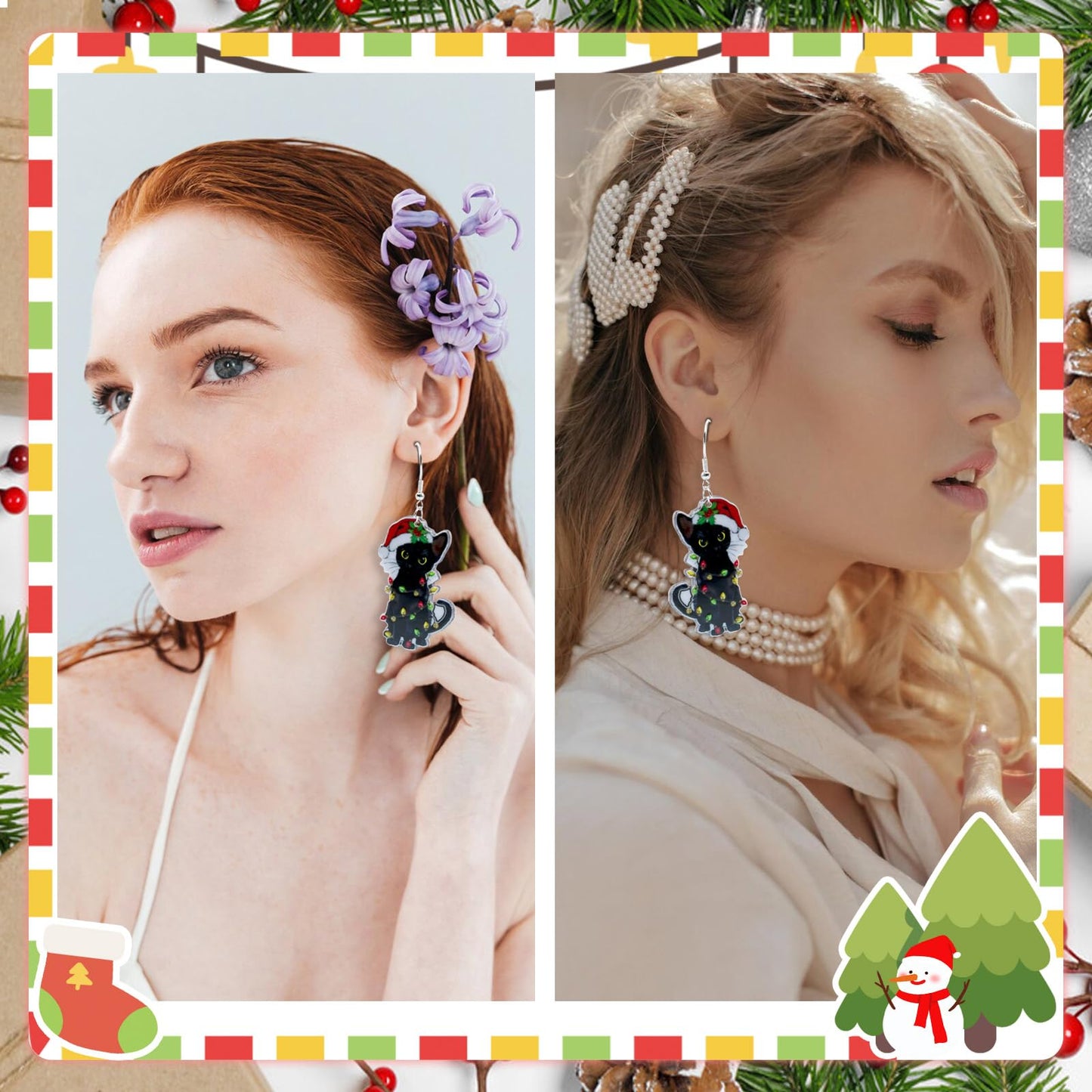 Funny Christmas Black Cat Earrings for Women - Xmas Charms Lightweight Acrylic Dangle Earrings Christmas Outfit Accessories