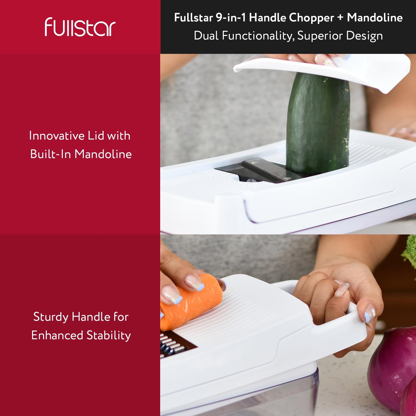 Fullstar Vegetable Chopper & Mandoline Slicer for Kitchen - Food Chopper with Container, Cheese Grater, Home Essentials & Kitchen Gadgets (Lite - 9 in 1)