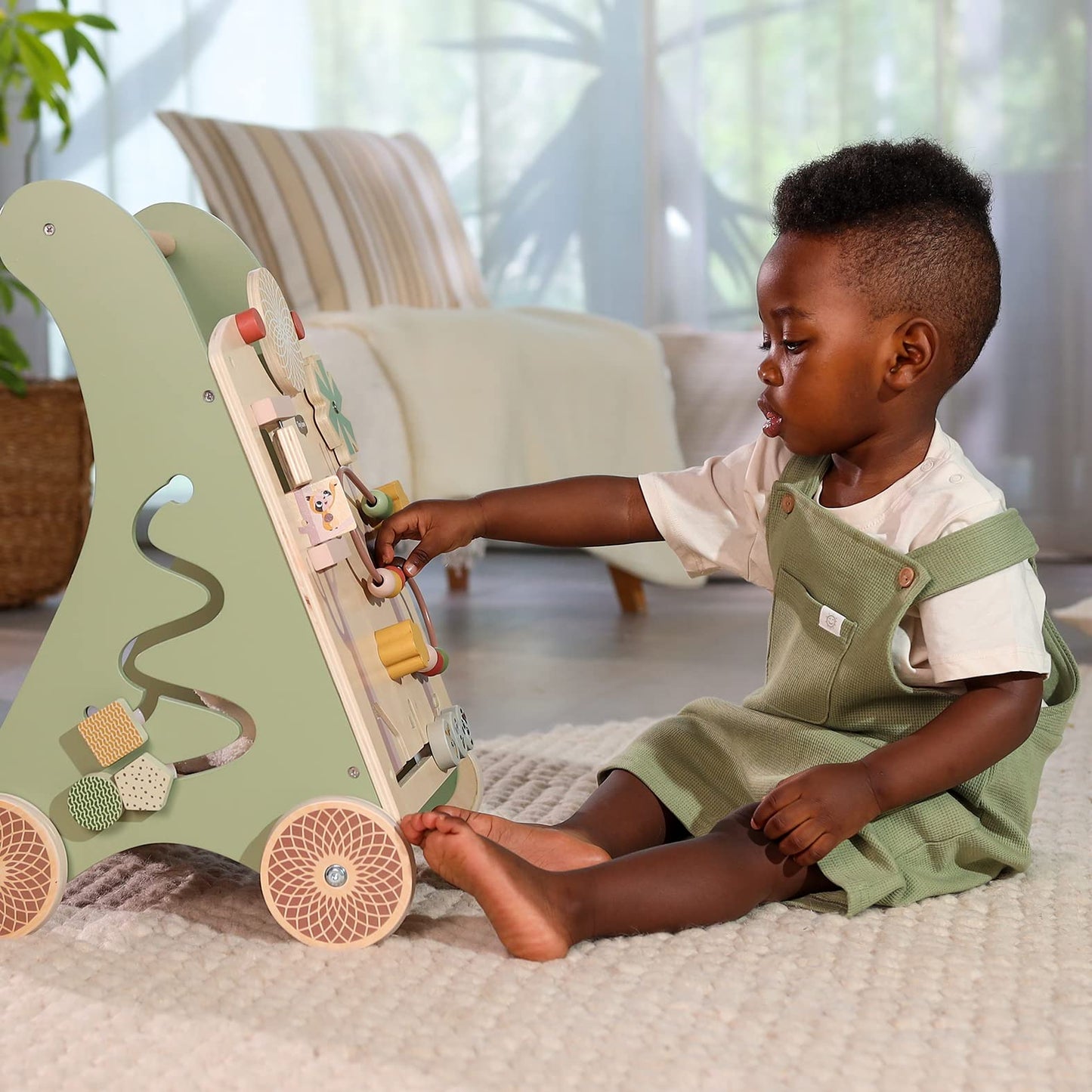 Tiny Love Wooden Baby Walker, Activity Walk Behind, 2-in-1 Activity Walker, 12 Interactive Activities, Supports Motor Skills, Cognitive Development, Comfortable Natural Design, 18+ Months, Boho Chic